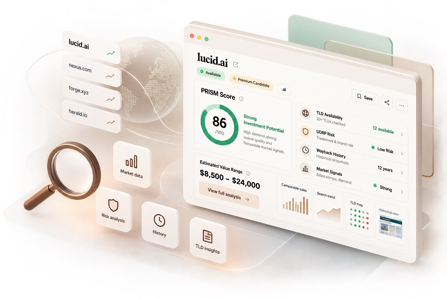 PRISM Index domain analysis dashboard showing a PRISM Score, TLD availability, UDRP risk and market signals for lucid.ai